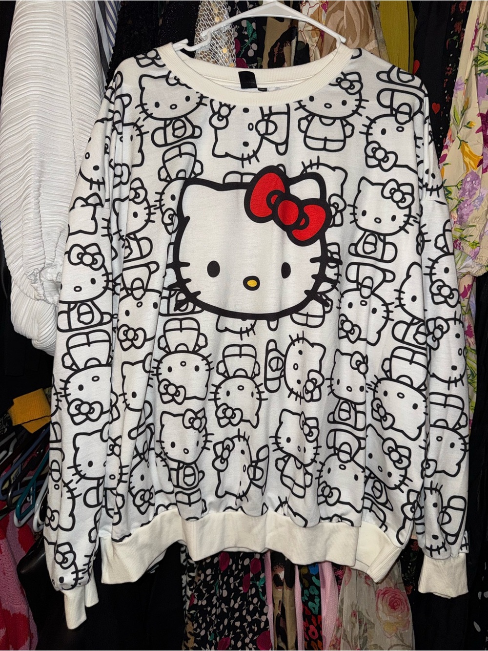 SHEIN White Hello Kitty Graphic Crewneck Sweater with Red Bow